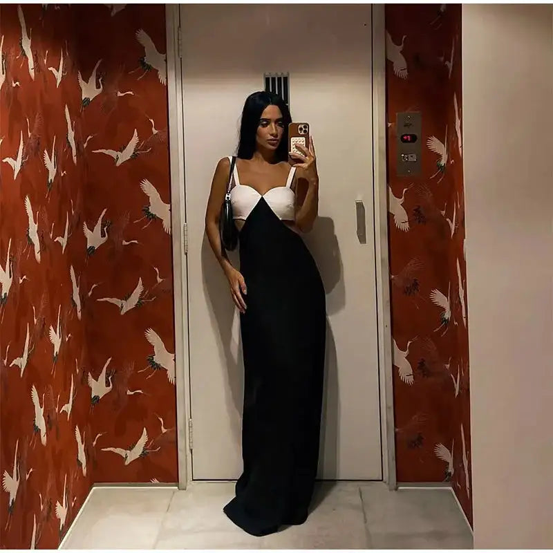 Fashion Black White Patchwork Long Dress Women Sexy Hollow Waist Slim Fits Party Robes Causal Vocation High Street Vestidos - Lootquake
