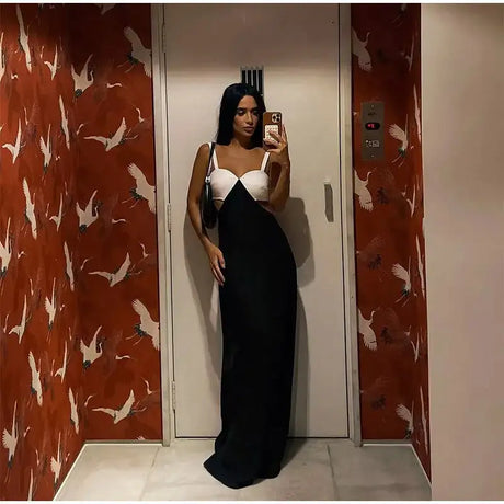 Fashion Black White Patchwork Long Dress Women Sexy Hollow Waist Slim Fits Party Robes Causal Vocation High Street Vestidos - Lootquake