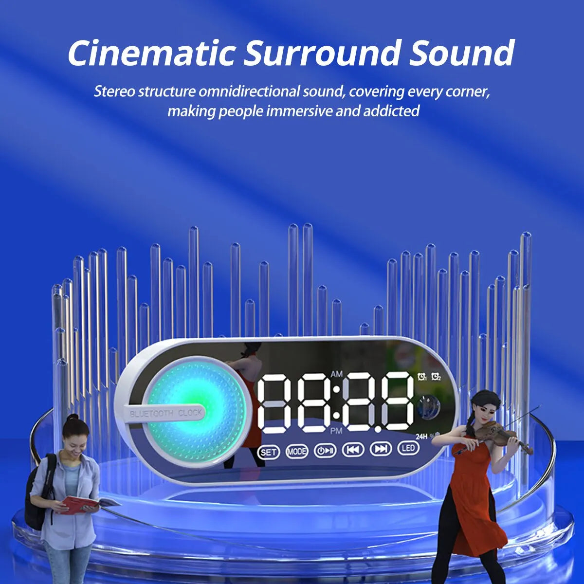 Altavoz Bluetooth inalámbrico silencioso, despertador RGB TWS, USB, LED, espejo, reloj digital FM, pantalla grande, decoración para sala de estar y oficina.