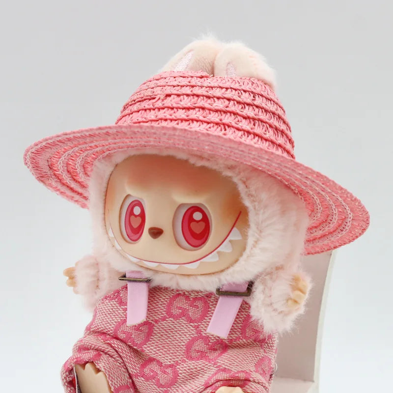Chapeau Labubu ouvert en paille tissée, accessoire de fête, style campagnard, tenue Labubu pour soirée assise