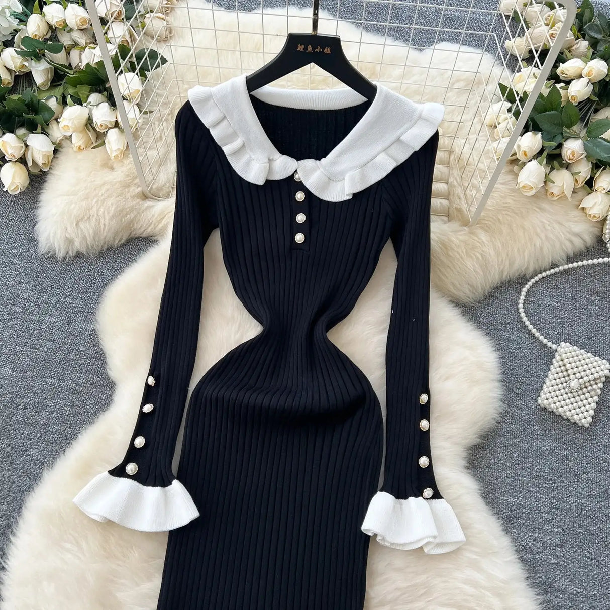 SINGREINY 2024 Hotsweet Slim Autumn Dress Women Peter pan Collar Long Sleeves Patchwork Preppy Style Mermaid Sweater Long Dress - Lootquake