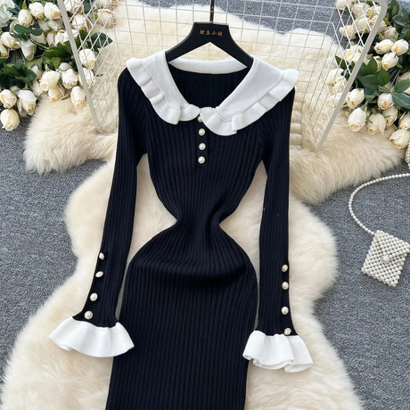 SINGREINY 2024 Hotsweet Slim Autumn Dress Women Peter pan Collar Long Sleeves Patchwork Preppy Style Mermaid Sweater Long Dress - Lootquake