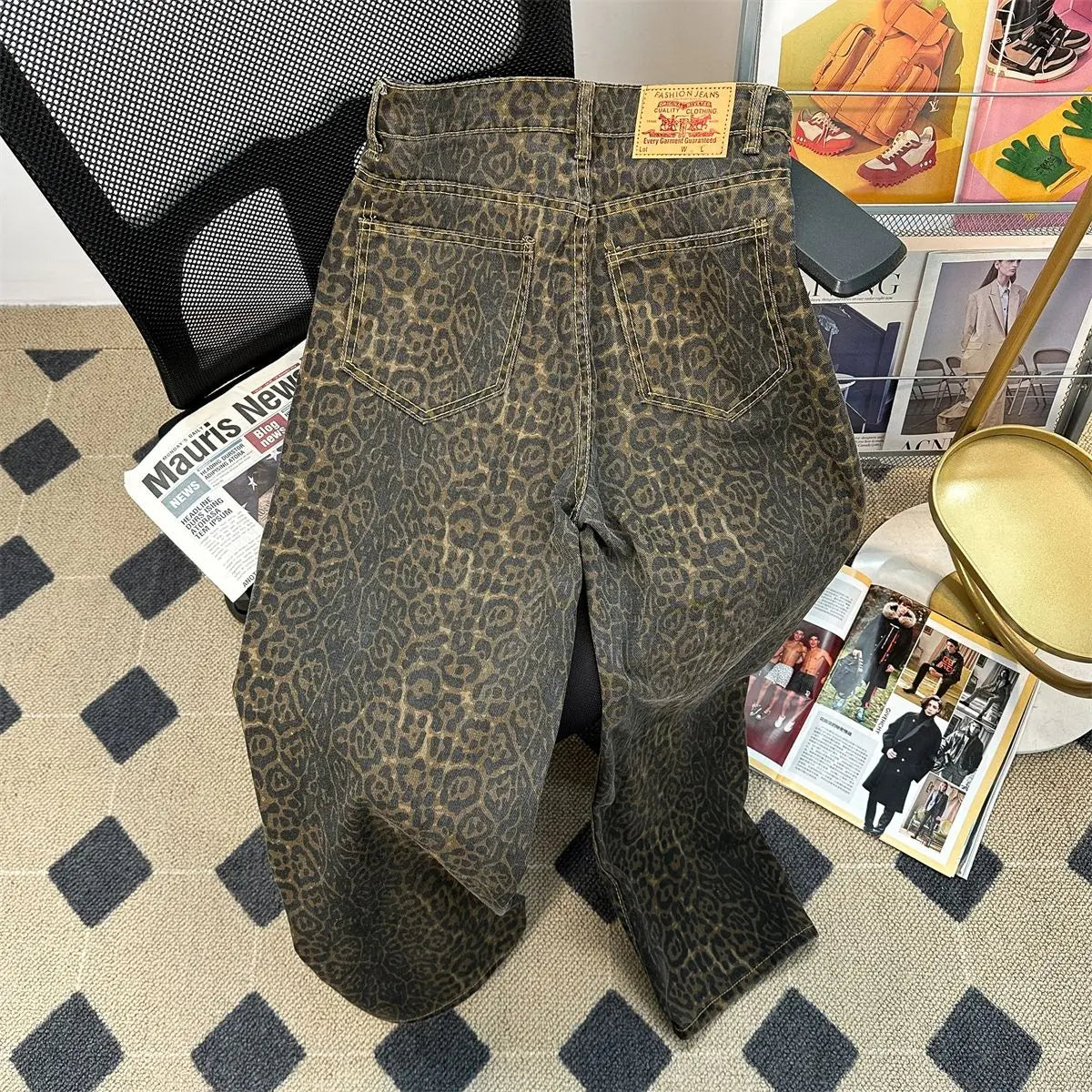 Retro Spring Trendy Leopard Print Jeans Women's American High Street Trousers Y2K Harajuku Style Baggy High Waist Casual Pants - Lootquake