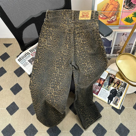 Retro Spring Trendy Leopard Print Jeans Women's American High Street Trousers Y2K Harajuku Style Baggy High Waist Casual Pants - Lootquake