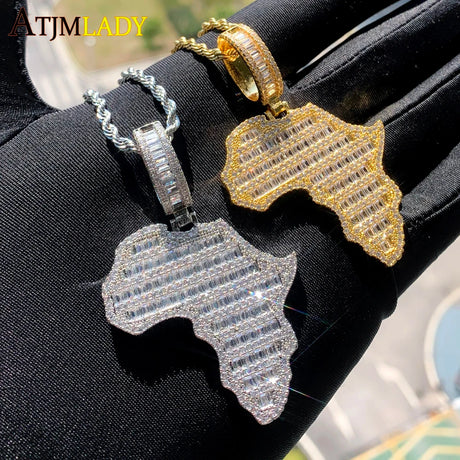 New Arrive Rectangle Cubic Zirconia CZ Paved Bling Africa Map Shaped Pendant Necklace Hip Hop Men Boy Cool Meaning Jewelry - Lootquake