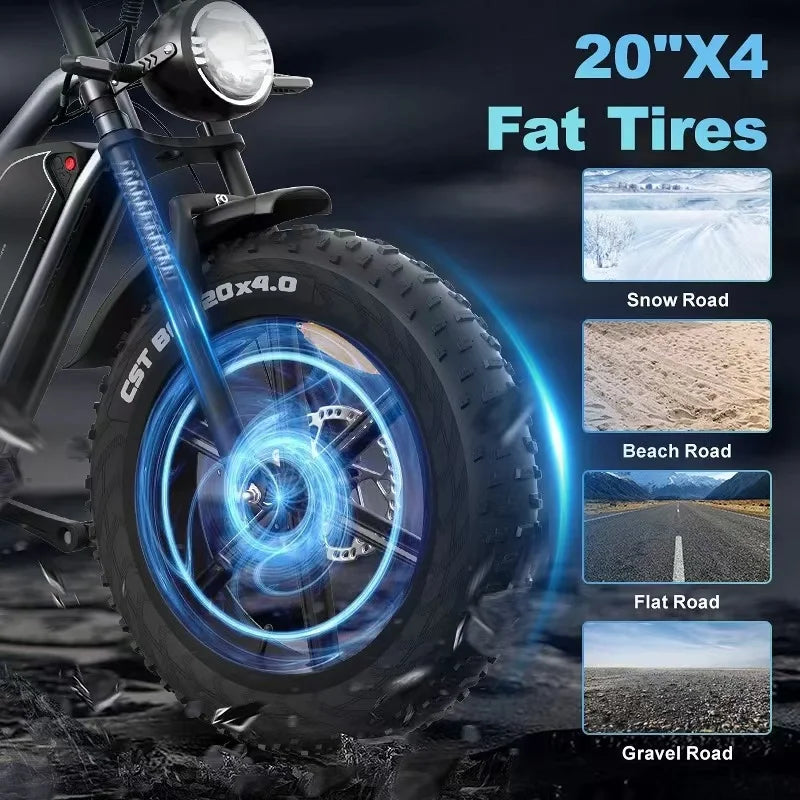 Bicicleta eléctrica X50P con motor de 750 W, batería de litio de 48 V y 14 Ah, estilo retro, para adultos, neumáticos anchos de 20 x 4,0 pulgadas.