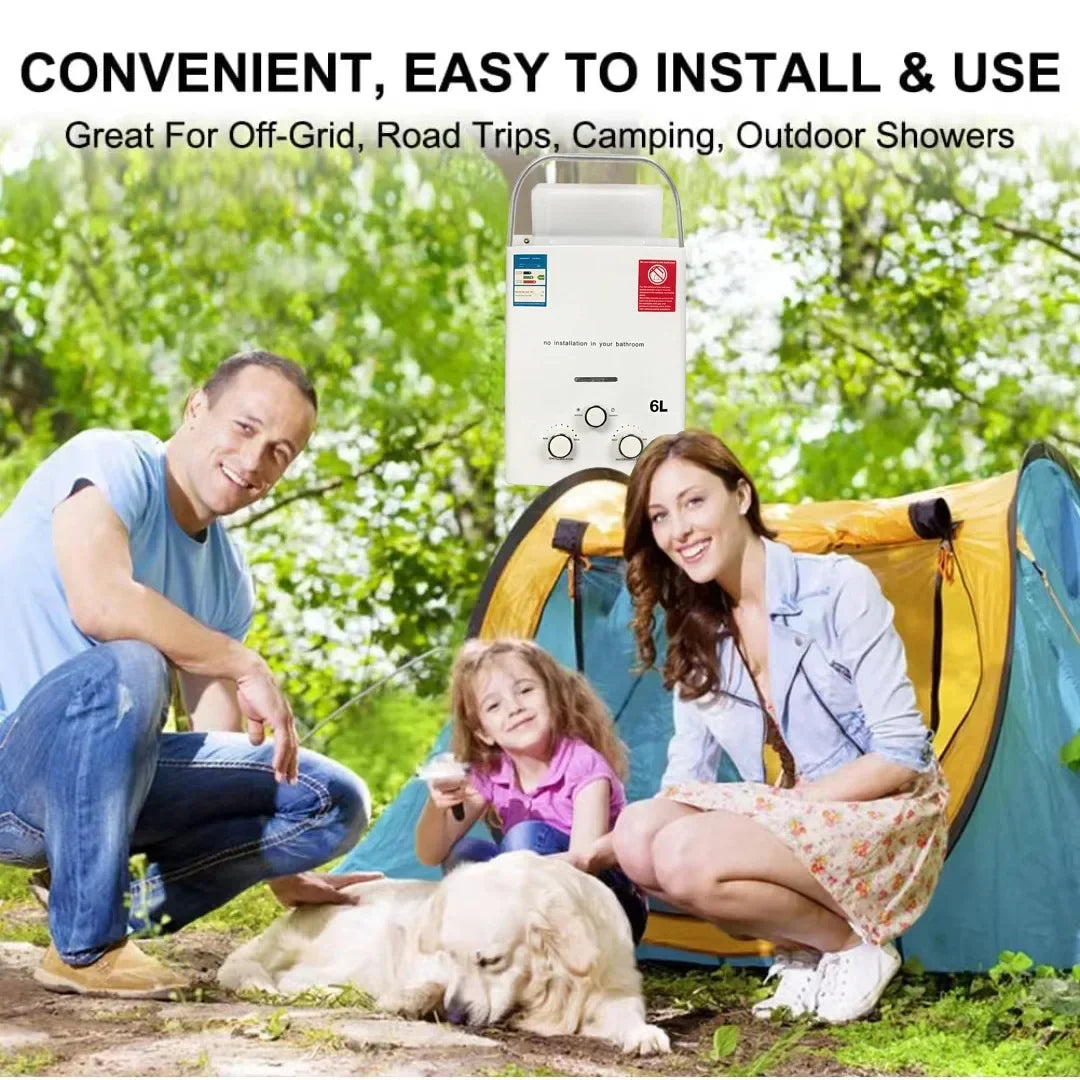 Calentador de agua instantáneo sin tanque de 6 litros para acampar al aire libre, a gas propano, con cabezal de ducha, para auto, camión y tienda de campaña.