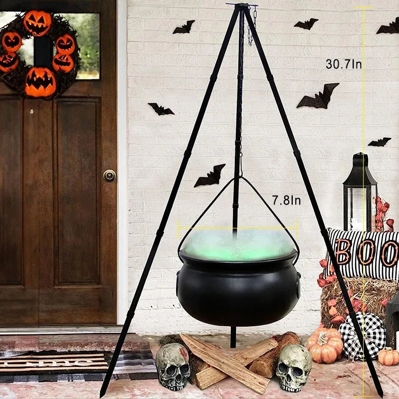 Décoration d'Halloween en plein air, grand chaudron de sorcière sur trépied avec lumières, seau à bonbons, feu de joie d'Halloween, décoration de fête de carnaval d'horreur