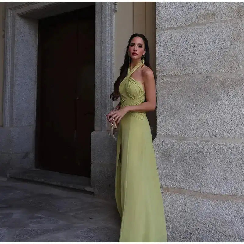 Hanging Neck Strap Split Long Dress Women Wrap Chest Backless High Waisted Slim Fit Robes Summer Chic Female Streetwear Vestido - Lootquake