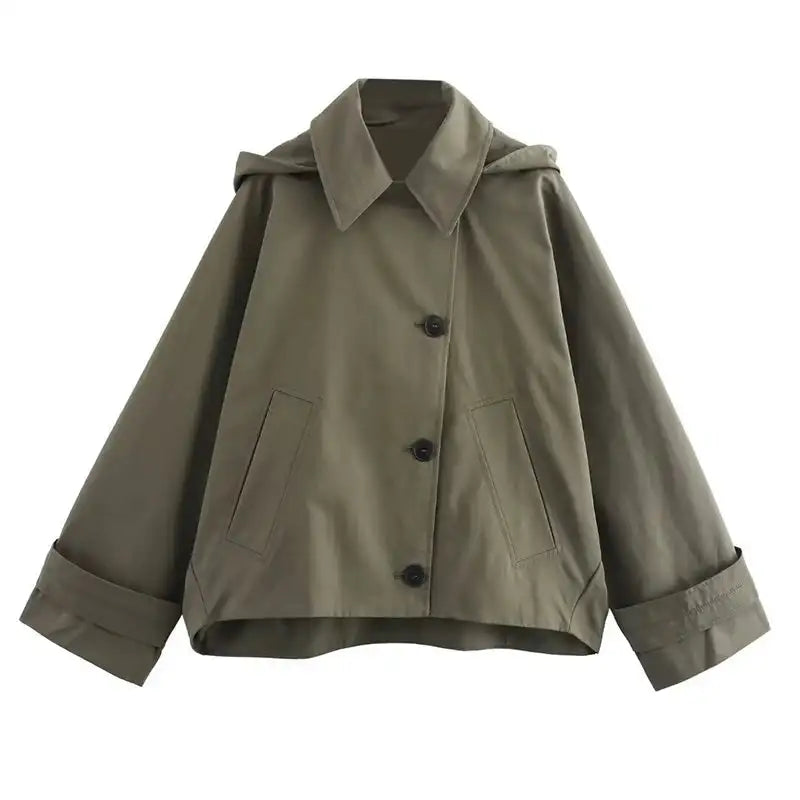 Autumn Winter Army Green Windbreaker Jacket Women Streetwear Loose Oversize Hooded Overcoat Female Single Breasted Thicken Coat - Lootquake