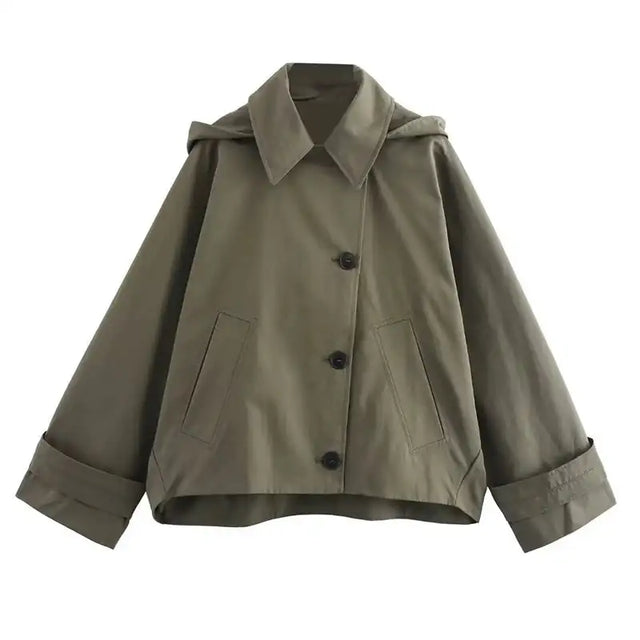 Autumn Winter Army Green Windbreaker Jacket Women Streetwear Loose Oversize Hooded Overcoat Female Single Breasted Thicken Coat - Lootquake