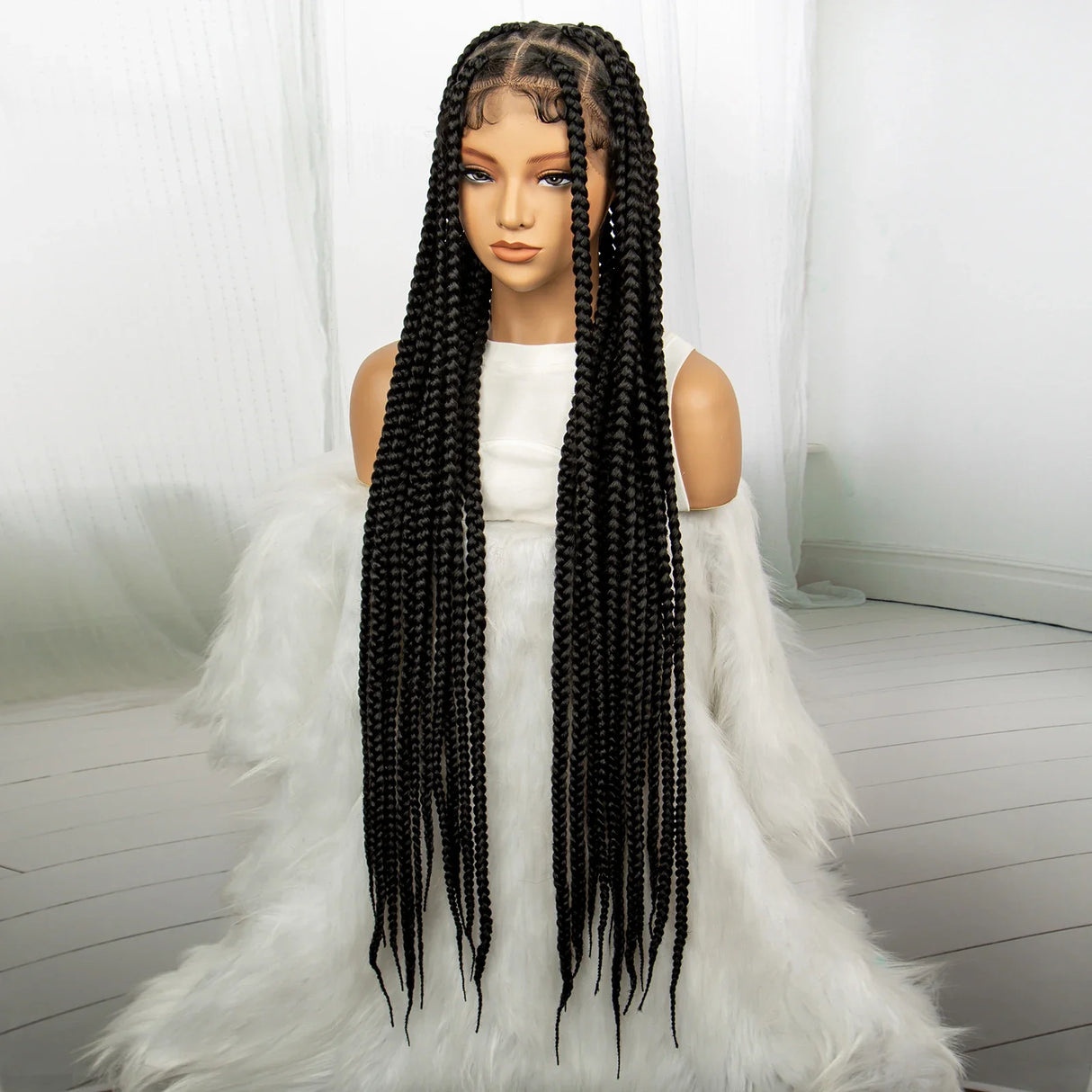 34" Knotless Box Braids Full Lace Wig | Long Black Synthetic Braids | Transparent Lace