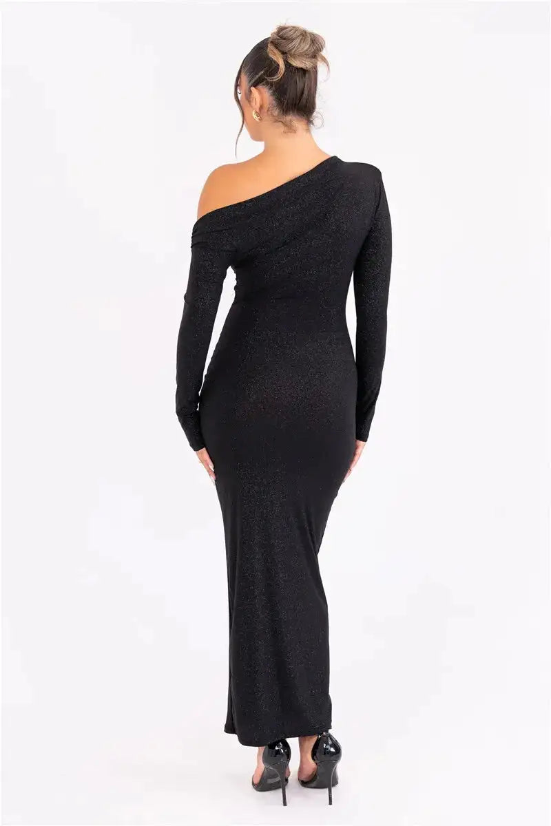 Vestido largo sexy de manga larga con brillos de Mozision para mujer, con hombros descubiertos, espalda descubierta, fruncido, para fiesta en club
