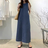 Women's Sleeveless Denim Long Dress Fashionable Round Neck Sleeveless Pocket Denim Skirt Loose Vest Denim Long Dress - Lootquake