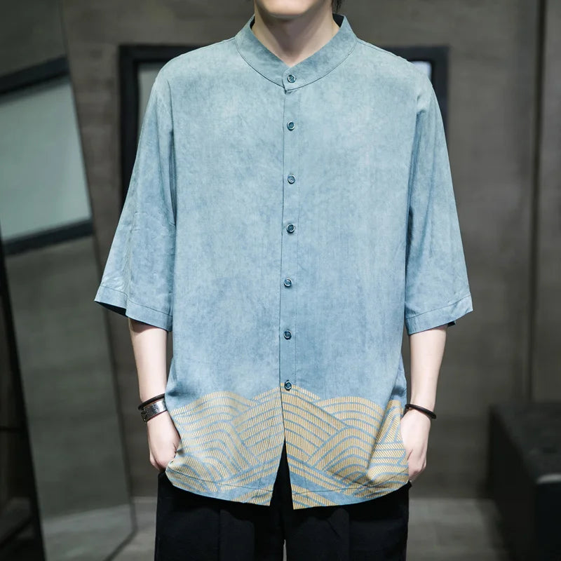 M-5XL Plus Size Mens Half Sleeve Kung Fu Tai Chi Tops Streetwear Casual Shirt Chinese Style Tunic Summer Shirts Sky Blue Clothes - Lootquake