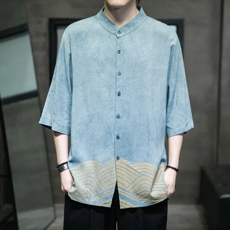 M-5XL Plus Size Mens Half Sleeve Kung Fu Tai Chi Tops Streetwear Casual Shirt Chinese Style Tunic Summer Shirts Sky Blue Clothes - Lootquake