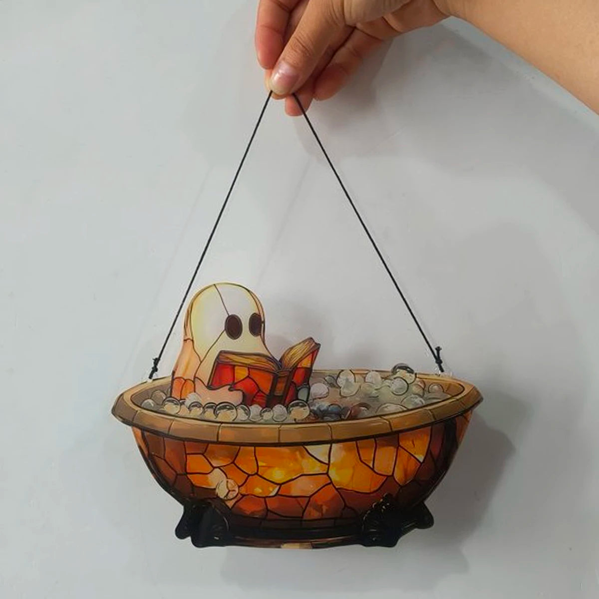 Acrylic Halloween Ghost in Bathtub Hanging Ornaments Cute Ghost Reading Book Decor Home Bedroom Living Room Window Decorations