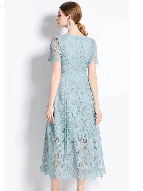SMTHMA Vintage High-End O-Neck Short Sleeve Lace Hollow Out Dress For Women's Summer Slim Elegant Long Dress Female Clothing - Lootquake