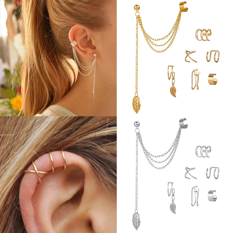 LATS Gold Color Leaves Ear Cuffs, Black Non-Piercing Ear Clip Earrings for Women & Men - Lootquake