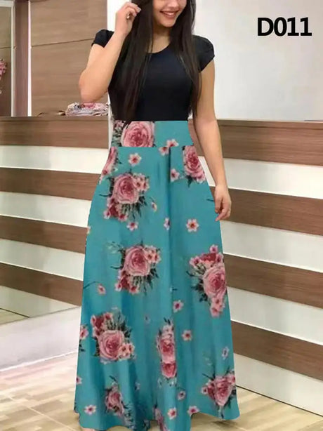 Women Floral Dot Print Patchwork Long Dress Summer Casual Short Sleeve O-Neck High Waist Robe Boho Beach Maxi Sundress Vintage - Lootquake