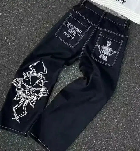 Y2K Retro Blue Slim Jeans Harajuku Hip Hop Rhinestone Cross Graphic Embroidered Jeans Gothic Low Waist Trousers Womens Clothing - Lootquake
