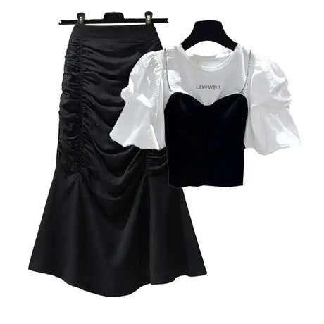 Spring/Summer Set Women's New Korean Edition Sweet and Spicy Bubble Sleeve Spliced Top Age Reducing Half Skirt Two Piece Set - Lootquake