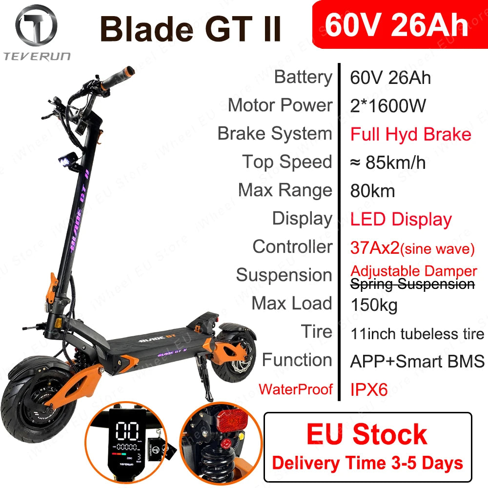EU Stock Newest Blade GT II 60V 26Ah Blade GT+ II 60V 35Ah Dual Motor 1600W*2 Newest Blade GT/GT+ II Electric Scooter