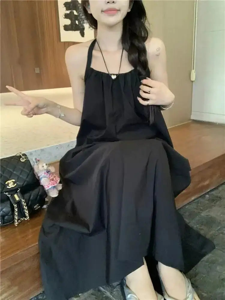 Vestido de vacaciones de verano estilo tailandés con espalda abierta, cuello halter, antiedad, para fotografía, playa, largo, con cinturón