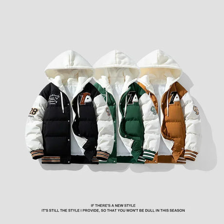 2024 Winter Men's Jacket Japanese Harajuku Fake 2 Pice Thickened Down Cotton Padded Coat Fashionable Student Warm Baseball Parka - Lootquake