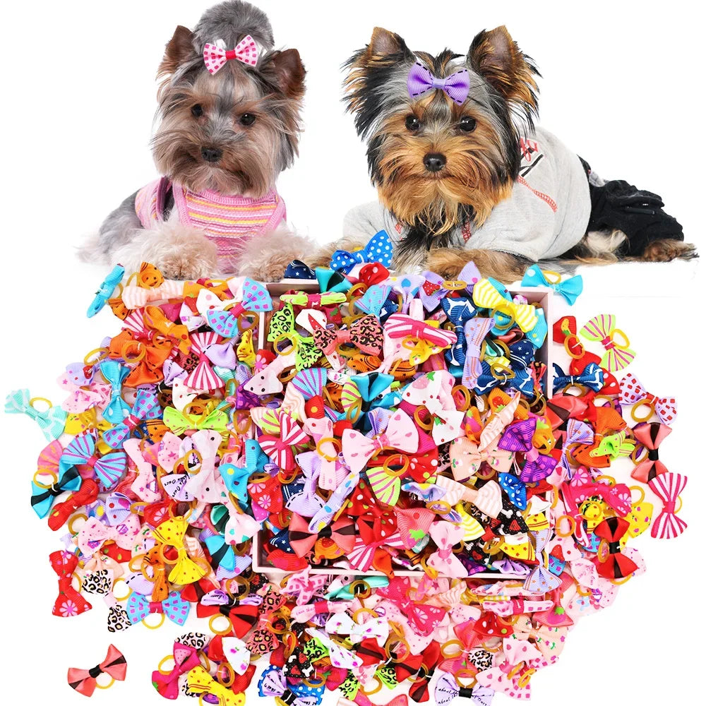 Lot de 100 nœuds pour chiots, accessoires de toilettage mobiles faits à la main pour chiens et chats, avec élastique