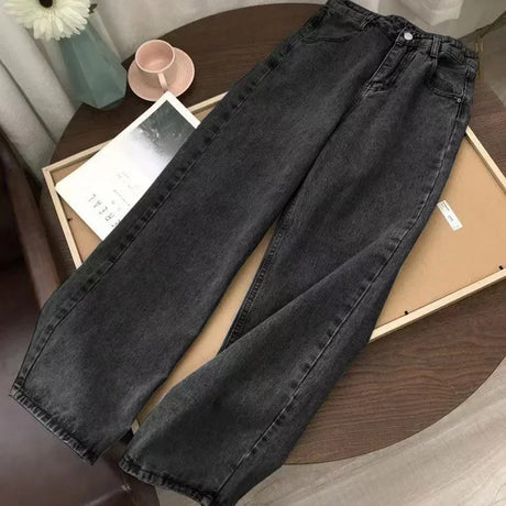 2023 New American Harajuku retro skull print straight high waist Y2K women's washed grey jeans Streetwear Gothic wide trousers - Lootquake