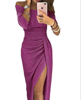 Slit Slash-neck Dress Women Sparkling Slim Long Dress Summer Korean Fashion Dinner Dress Bodycon Solid  Women Dresses Vestidos - Lootquake