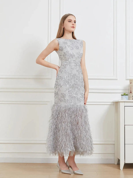 DEVCHATA New Organza Fishtail Long Dress Maxi Evening Sleeveless Bodycon Fitting Gown Feathers Women Robe Vestido - Lootquake