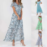 Vestidos Verano Moda 2024 Women's Swing Long Dress Chiffon Floral Short Sleeve Ruffle V Neck Fashion Waist Flowy Dress платье - Lootquake