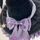 Halloween Party Witch Hat Costume Bowknot Large Black Crooked Ruched Wizard Hat Accessory