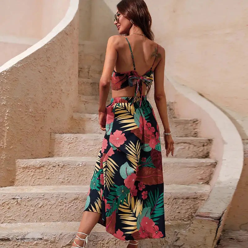 Y2K Bikini Crop Tops Long Dress Sexy Set for Women Summer Fashion Two Pieces Skirt Beach Style Floral Print Midi Sexy Boho Sets - Lootquake