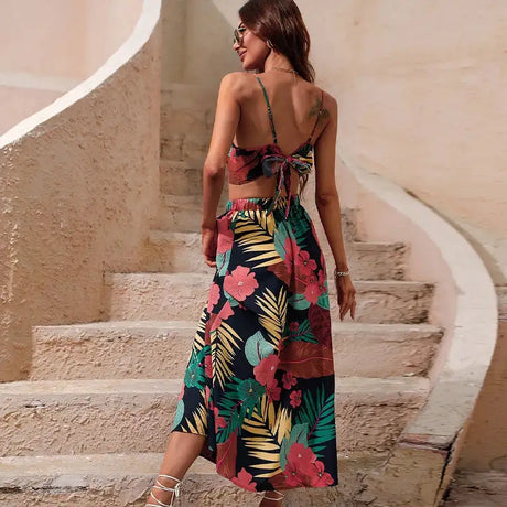 Y2K Bikini Crop Tops Long Dress Sexy Set for Women Summer Fashion Two Pieces Skirt Beach Style Floral Print Midi Sexy Boho Sets - Lootquake