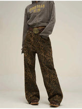 Women's American Vintage Leopard Print Washed Thin Jeans Street Casual Neutral Style DenimTrousers High Waist Straight Pants - Lootquake