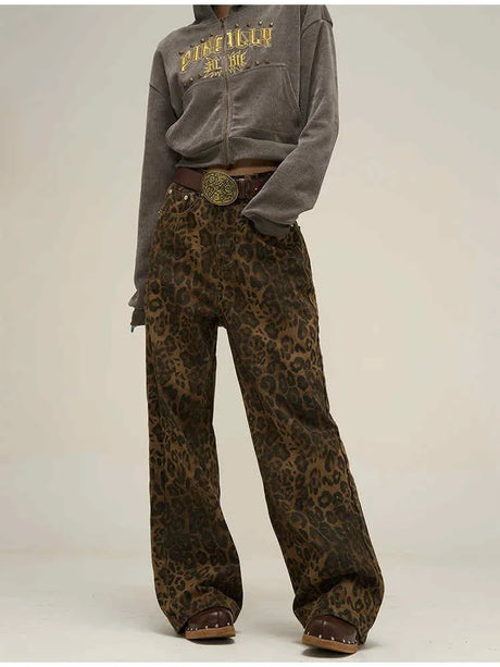 Women's American Vintage Leopard Print Washed Thin Jeans Street Casual Neutral Style DenimTrousers High Waist Straight Pants - Lootquake
