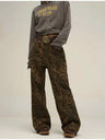 Women's American Vintage Leopard Print Washed Thin Jeans Street Casual Neutral Style DenimTrousers High Waist Straight Pants - Lootquake