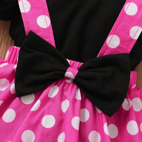 Toddler 1-5 Year Old Girl Round Neck Flying Sleeve Top+Dot Bow Strap Skirt Piece Suitable for Travel and Travel Girl Summer Set - Lootquake