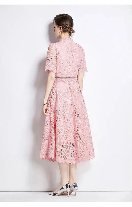 SMTHMA Vintage High-End O-Neck Short Sleeve Lace Hollow Out Dress For Women's Summer Slim Elegant Long Dress Female Clothing - Lootquake