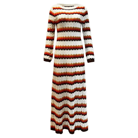 Knitting Hollow Out Dresses Women's Striped Contrast Dresses Beach Vacation Sexy Long Dress Autumn And Winter Sweater Dress - Lootquake