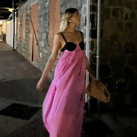 Sexy Backless Beach Dress Women 2024 Holiday Sleeveless Loose Slip  Long Dress Street Fashion Panelled Bandage Summer Lady Robe - Lootquake