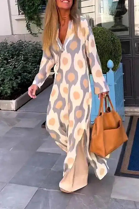 Bohemian Casual Print V-neck Long Dress Spring Autumn Vintage Mosaic Print Maxi Dress Loose Long Sleeve Holiday Dresses Vestido - Lootquake