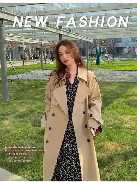 Streetwear Loose Trench Coat Midi Length Fashion Korean Elegant Khaki Black Women's Windbreaker Coat Casual Double Breasted Tops - Lootquake