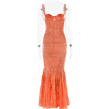 Mozision Floral Lace Sexy Maxi Dress For Women Orange Spaghetti Strap Sleeveless Backless Bodycon Club Party Long Dress Elegant - Lootquake