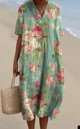 Casual Short Sleeved V-neck Big Swing Dress 2024 New Women's Loose Printed Long Dress Female Retro Flower Print Pullover Dresses - Lootquake