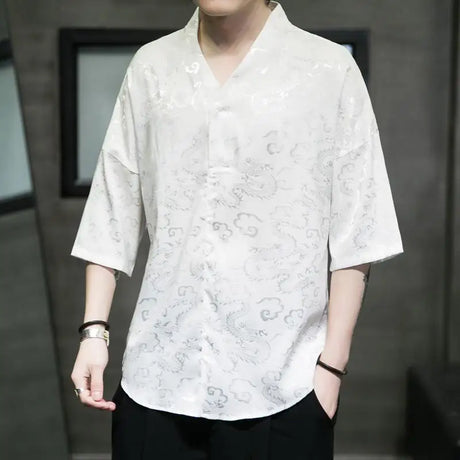 M-5XL Plus Size Men Dragon Pattern Shirt Short Sleeve V Neck Summer Streetwear Stain Chinese Pullover Blouse for Men XXXXXL - Lootquake