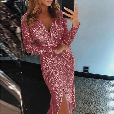 Elegant Women Evening Party Dress Shiny Sequin Deep V-Neck Nightclub Formal Dress Bodycon Irregular Hem Long Dress For Wedding - Lootquake